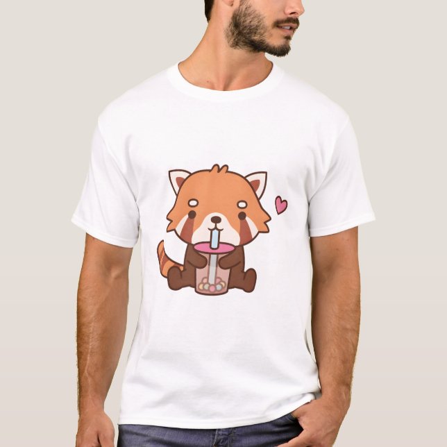 Cute Red Panda Drinking Bubble Tea  T-Shirt (Front)