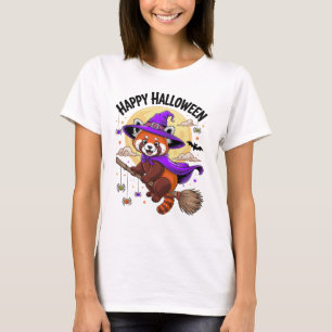 Cute Red Panda Happy Halloween Witch Cartoon Art T-Shirt