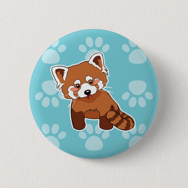 Cute Red Panda on Blue Paw Prints Pattern 2 Inch Round Button (Front)