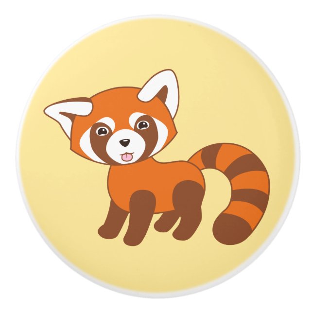 Cute Red Panda on Yellow Ceramic Knob (Front)