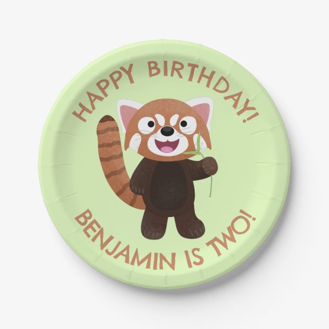 Cute red panda personalized cartoon birthday paper plate (Front)