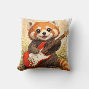 Cute Red Panda Playing Guitar Kawaii Animal Musici Throw Pillow
