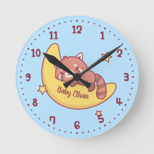 Cute Red Panda Sleeping On Moon Baby Nursery Decor Round Clock