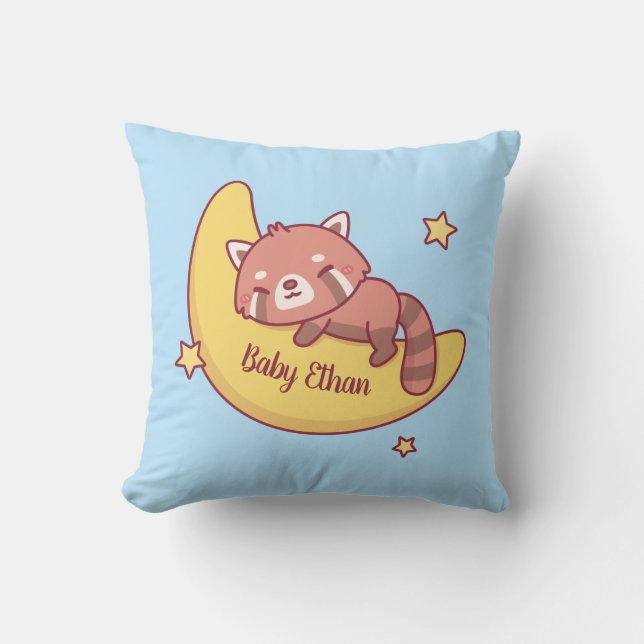 Cute Red Panda Sleeping On Moon Baby Nursery Decor Throw Pillow (Front)