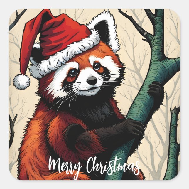 Cute Red Panda Tree Branch Christmas Square Sticker (Front)