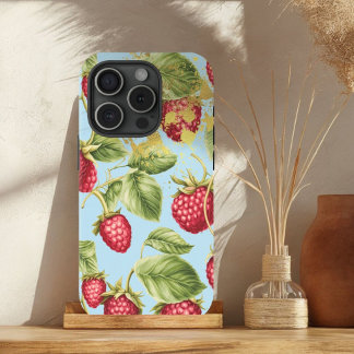 Cute Red, Pastel Blue and Gold Raspberry Fruit iPhone 15 Case