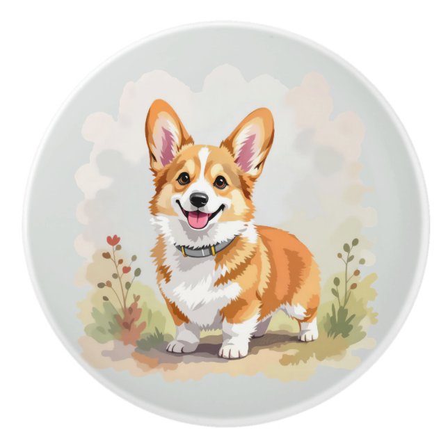 Cute Red Pembroke Welsh Corgi Dog Ceramic Knob (Front)