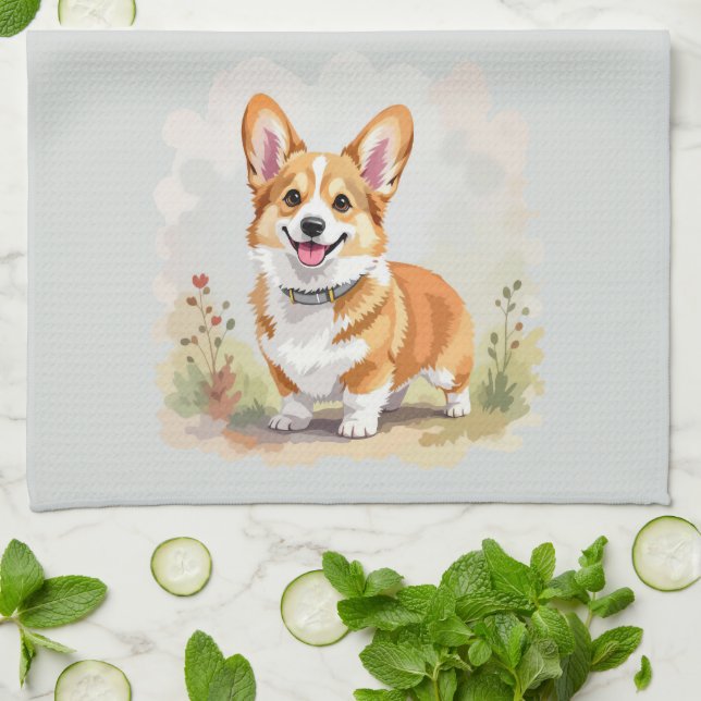 Cute Red Pembroke Welsh Corgi Dog Kitchen Towel (Folded)