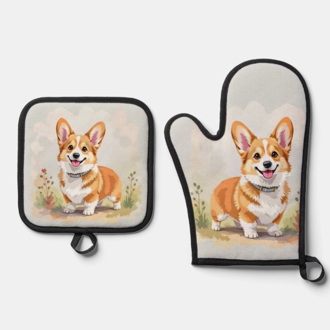 Cute Red Pembroke Welsh Corgi Dog Oven Mitt & Pot Holder Set (Front)