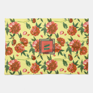 Cute Red Peonies Blooming Flowers Pattern Monogram Kitchen Towel