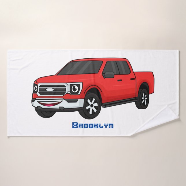 Cute red pickup truck cartoon illustration bath towel set (Bath Towel)