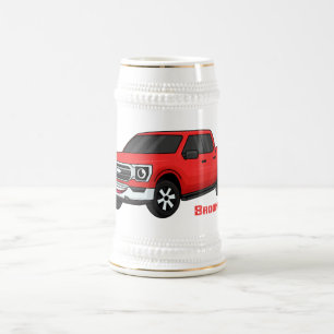 Cute red pickup truck cartoon illustration beer stein