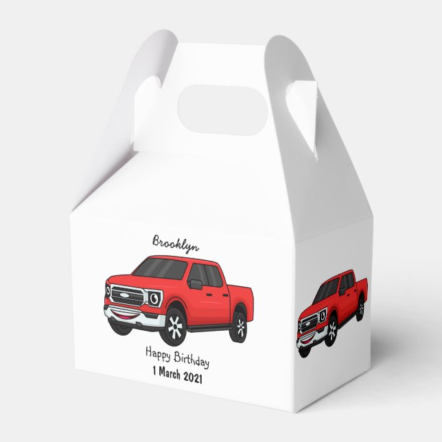 Cute red pickup truck cartoon illustration favor box (Front Side)