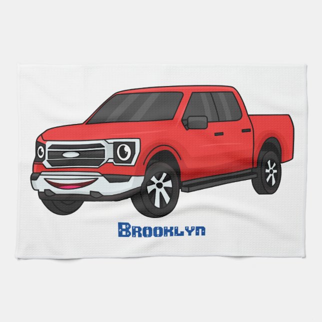 Cute red pickup truck cartoon illustration kitchen towel (Horizontal)