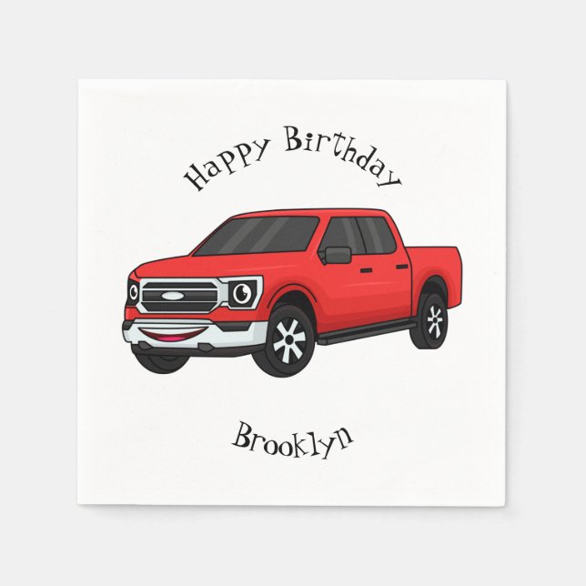 Cute red pickup truck cartoon illustration napkin (Front)