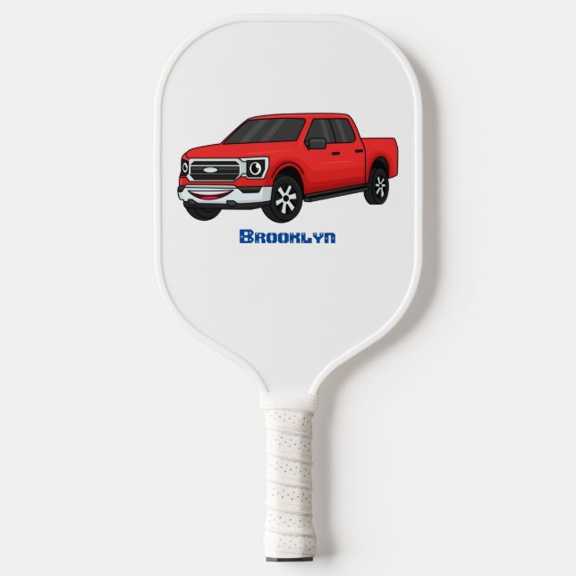 Cute red pickup truck cartoon illustration  pickleball paddle (Front)