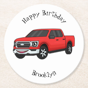 Cute red pickup truck cartoon illustration  round paper coaster