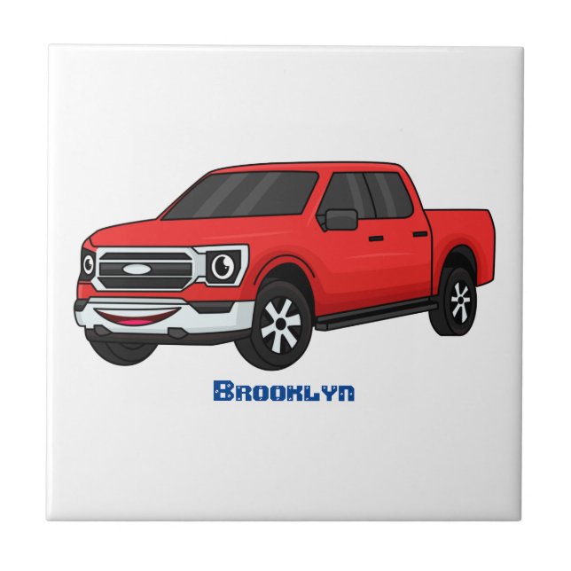 Cute red pickup truck cartoon illustration tile (Front)