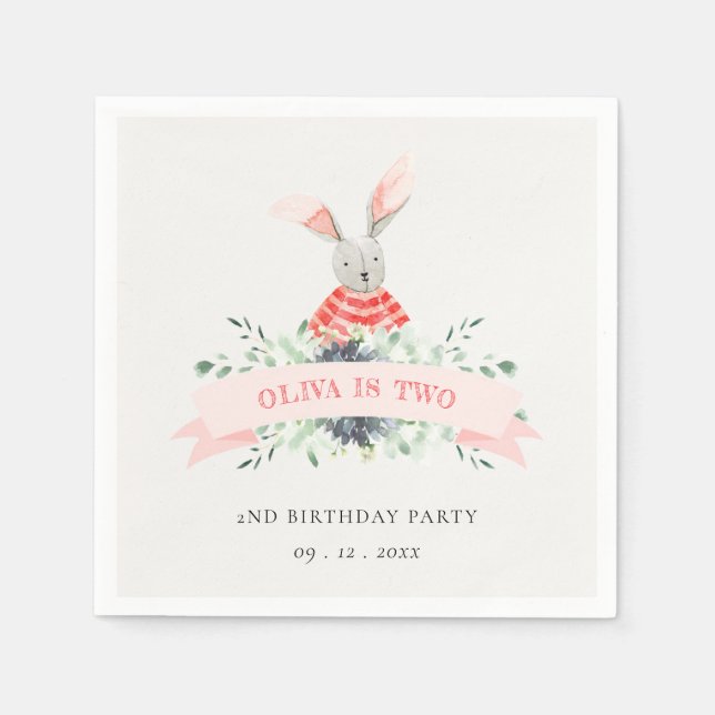 Cute Red Pink Bunny Foliage Any Age Birthday Napkin (Front)