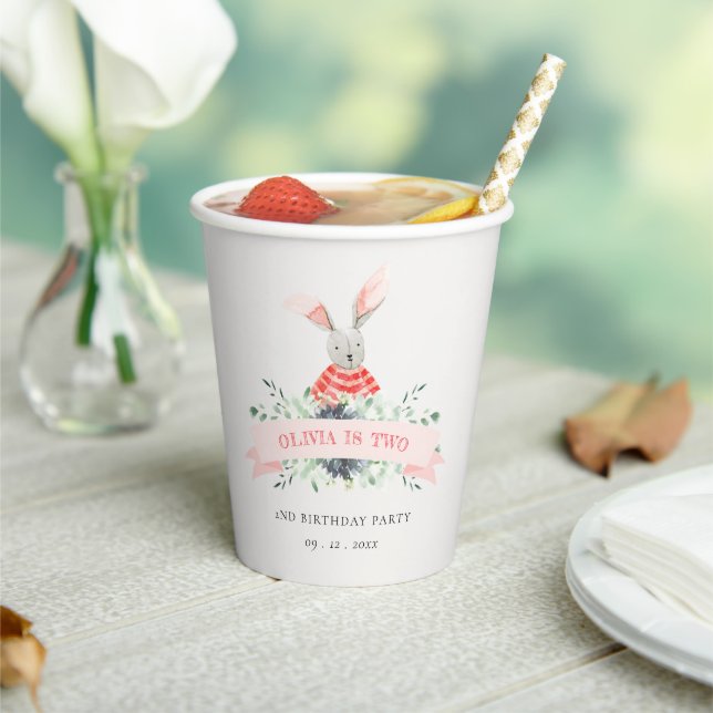 Cute Red Pink Bunny Foliage Any Age Birthday Paper Cups (Insitu)