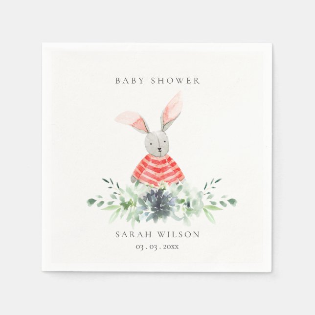 Cute Red Pink Bunny Garden Foliage Baby Shower Napkin (Front)