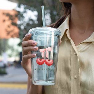 Cute Red  & Pink Cherry Heart Bow Acrylic Tumbler