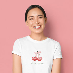 Cute Red  & Pink Cherry Heart Bow  T-Shirt