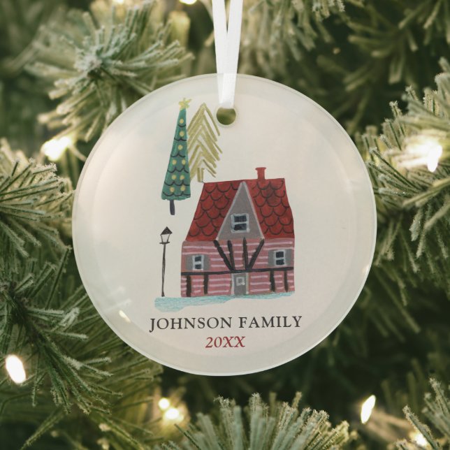 Cute red pink christmas house cosy chalet glass ornament (Insitu)
