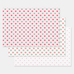 Cute Red Pink & Green Hearts Wrapping Paper Sheet