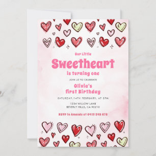 Cute Red Pink Hearths Valentine 1st Birthday  Invitation