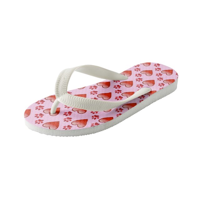 Cute Red & Pink Hearts and Paw Prints Animal Love Kid's Flip Flops (Angled)