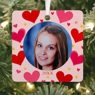 Cute Red Pink Hearts Custom 2 Photo Personalized Metal Ornament