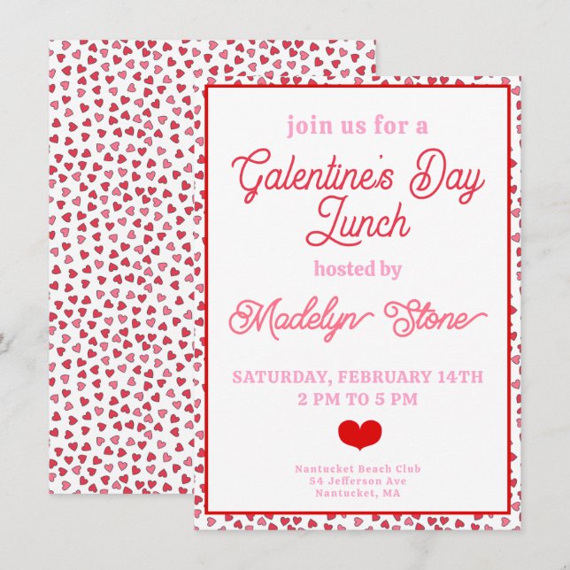 Cute Red & Pink Hearts Galentine's Day Lunch Invitation (Front/Back)