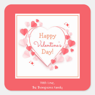Cute Red Pink Hearts Happy Valentine's Day Name  Square Sticker
