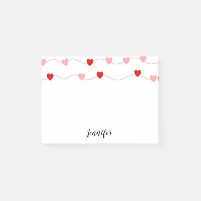 Cute Red Pink Hearts On String Personalized Post-it Notes (Front)