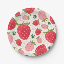 Cute Red Pink Strawberry Girl 1st Birthday Party Paper Plate