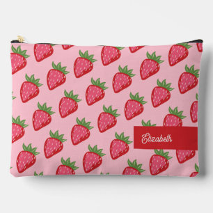 Cute Red Pink Strawberry Themed Personalized Accessory Pouch