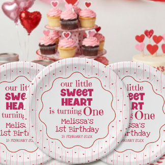 Cute Red Pink Sweetheart Turning One Birthday Paper Plate