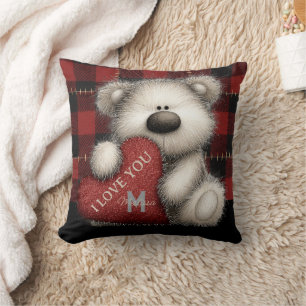 Cute Red Plaid Bear I Love You Custom Monogram Throw Pillow