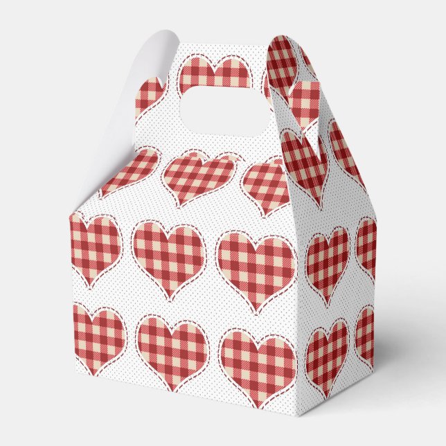 Cute Red Plaid Hearts and Dots Pattern Favor Box (Front Side)