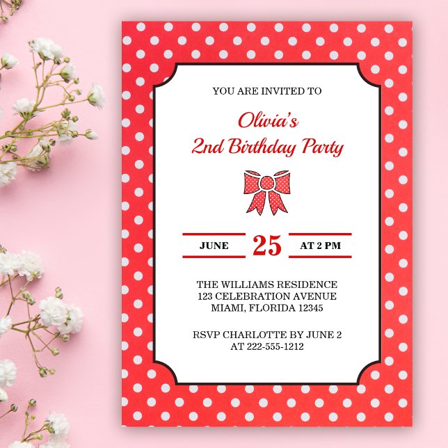 Cute Red Polka Dot Girl 2nd Birthday Party Invitation (Creator Uploaded)