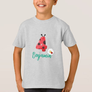 Cute red Polka dot Ladybug 4th Birthday party name T-Shirt