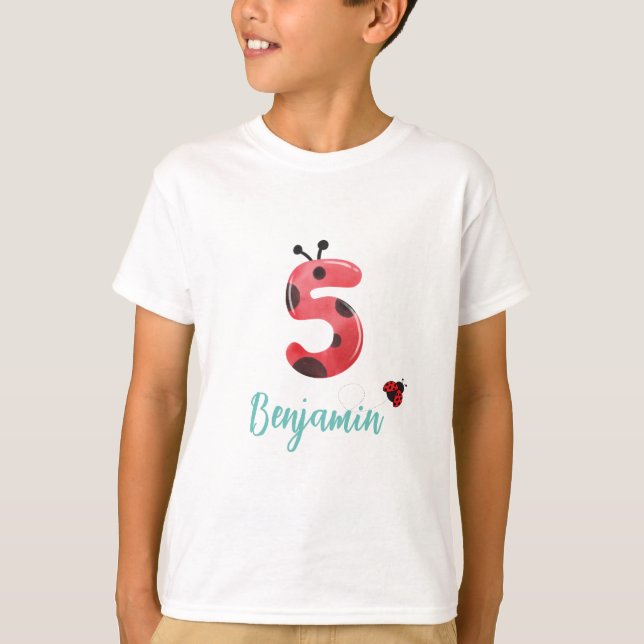 Cute red Polka dot Ladybug 5th Birthday party name T-Shirt (Front)