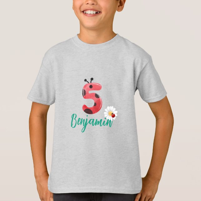 Cute red Polka dot Ladybug 5th Birthday party name T-Shirt (Front)