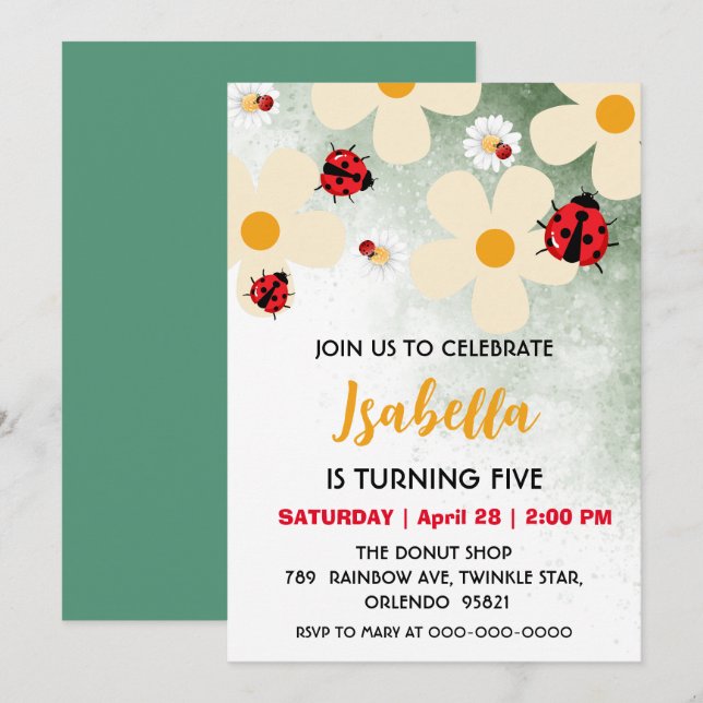 Cute red Polka dot Ladybug Daisy Flower Birthday  Invitation (Front/Back)