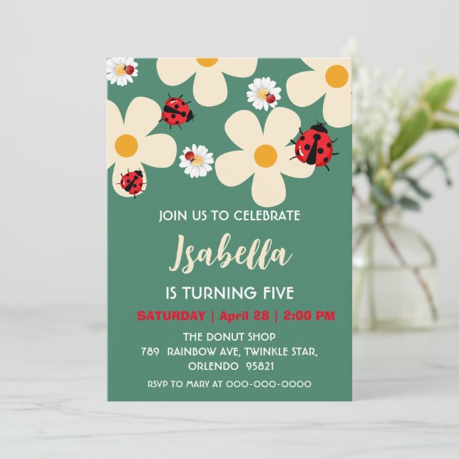 Cute red Polka dot Ladybug Daisy Flower Birthday  Invitation (Standing Front)