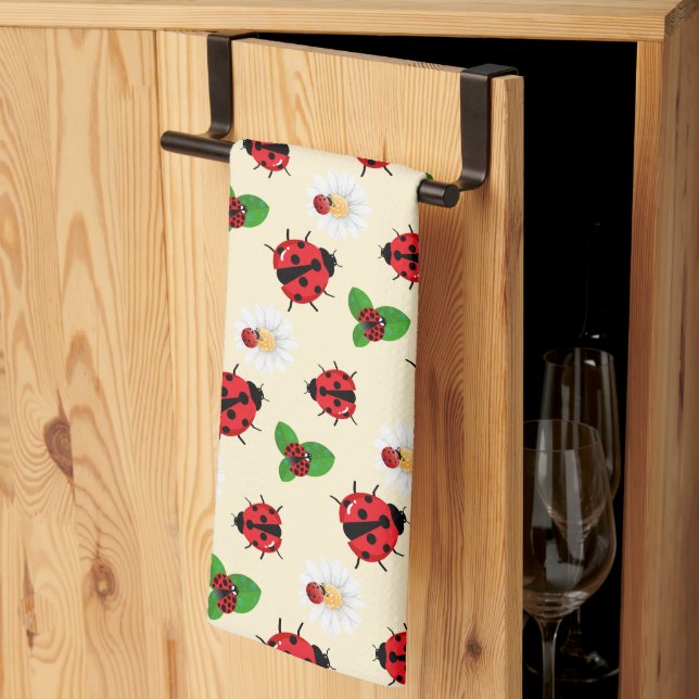 Cute red polka dot Ladybug Daisy flower summer Kitchen Towel (Thirds Fold)