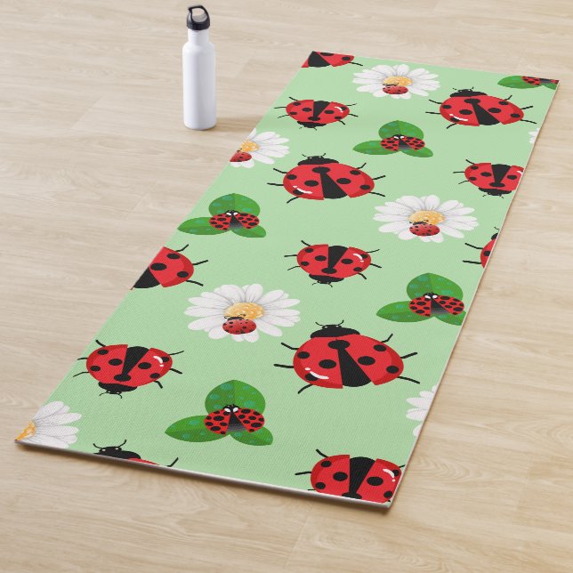 Cute red polka dot Ladybug Daisy flower summer Yoga Mat (In Situ)