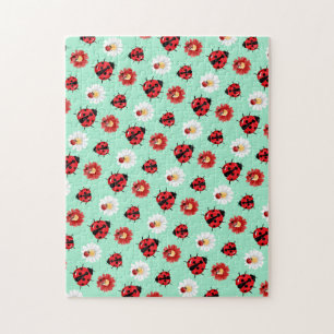 Cute red polka dot Ladybug flower summer Girly Jigsaw Puzzle