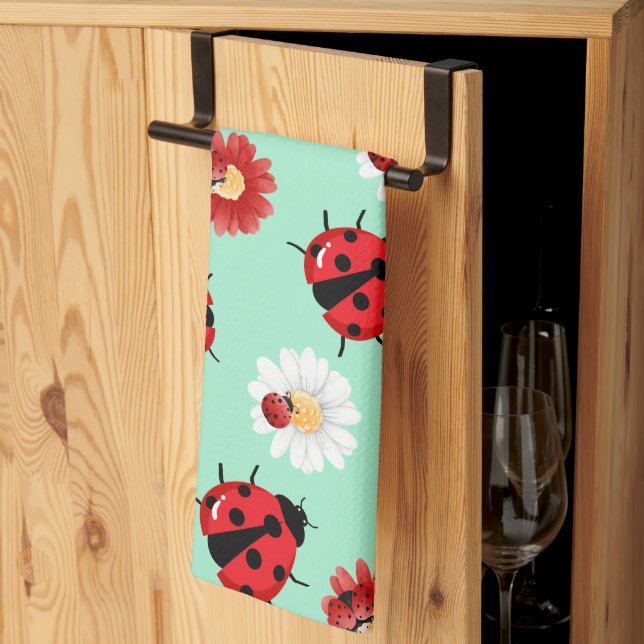 Cute red polka dot Ladybug flower summer Girly Kitchen Towel (Thirds Fold)